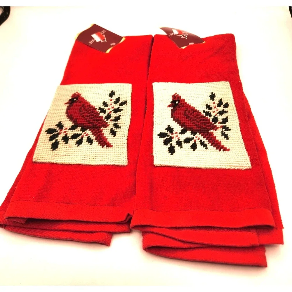 Christmas Red Cardinal Hand Towels (2) Needlepoint Vintage New with Tags